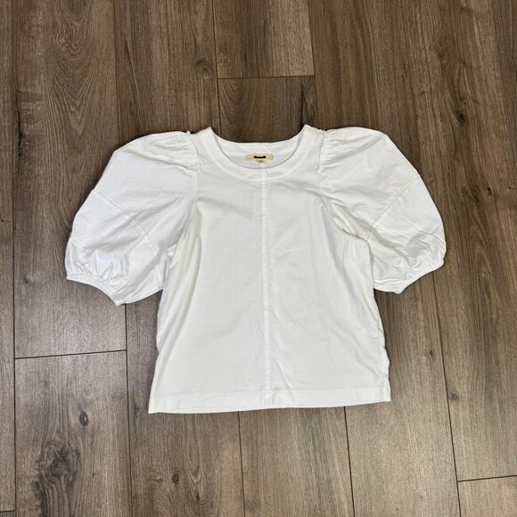 Madewell Puff-Sleeve Tee WMNS XS White Crew Neck Cotton Relaxed Fit Ruffle Trim - Picture 4 of 8